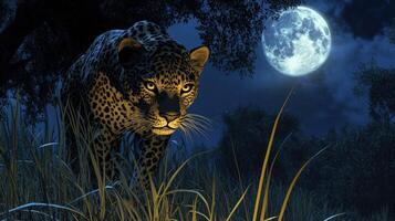 Leopard prowls under a bright full moon at night photo