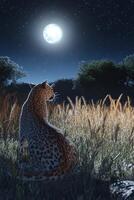 Leopard gazing at the full moon in a starry night sky photo