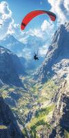 A person is paragliding over a mountain range photo