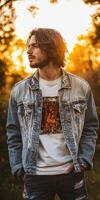 A man wearing a denim jacket and a t - shirt photo
