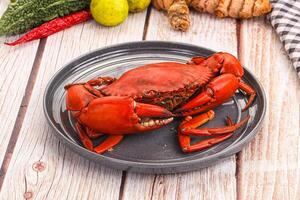 A plate with a crab on it and some other vegetables photo