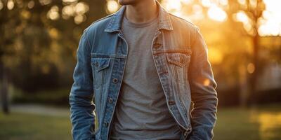 Young man enjoys sunset in a park while wearing denim jacket photo