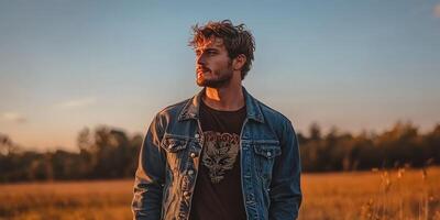 Young man enjoying a sunset in a meadow landscape photo