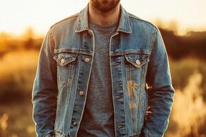 Man standing in sunset wearing denim jacket and gray shirt photo