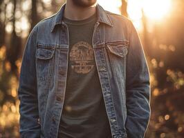 Man standing in nature during sunset wearing denim jacket photo