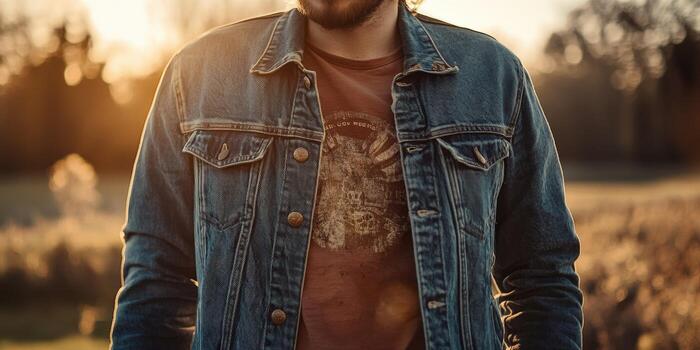 Man in denim jacket enjoys sunset in open field photo