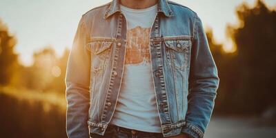 Man in denim jacket stands confidently in golden evening light photo