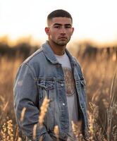 Young man in denim jacket stands in golden field at sunset photo