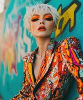 Bold fashion portrait with vibrant makeup against graffiti photo