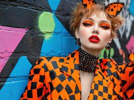 Fashionable model poses against colorful urban mural backdrop photo