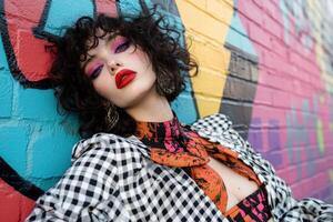 Confident woman poses against vibrant street art backdrop photo