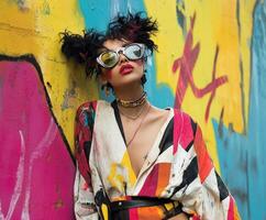 Model poses in colorful urban art setting during daylight photo