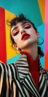 Bold fashion statement with vibrant colors and striking makeup photo