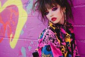 Bold fashion statement with vibrant colors against wall photo