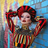 Striking model poses against vibrant urban mural background photo