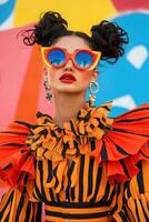 Brightly dressed woman poses in colorful urban setting photo