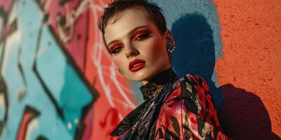 Model poses against vibrant street art during sunset photo