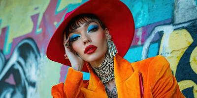 Colorful portrait of a model against a vibrant mural background photo