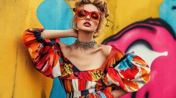 Fashion model poses against vibrant mural in urban setting photo