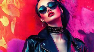 Stylish woman posing against vibrant graffiti backdrop photo