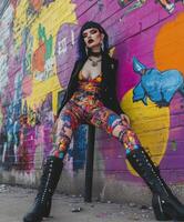 Model poses in colorful urban setting with bold outfit photo