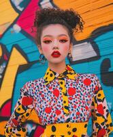 Model poses in colorful outfit against vibrant graffiti backdrop photo