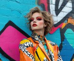 Model poses confidently against vibrant urban mural backdrop photo