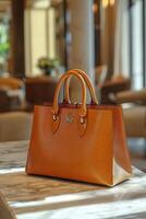 A tan leather handbag sitting on a table photo