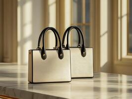 Two white handbags sitting on a table in front of a window photo