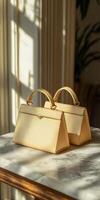 Two beige handbags sitting on a table photo
