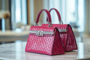 A pink handbag sitting on a table photo