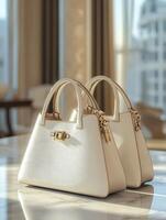 Two white handbags on a table in front of a window photo