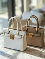 Two white handbags sitting on a table photo