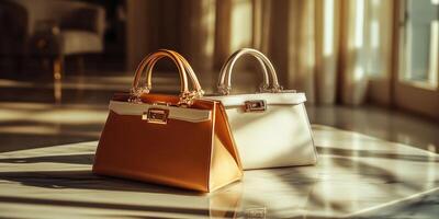 Two handbags sitting on a table in front of a window photo