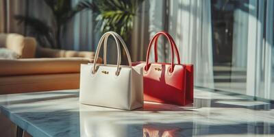 Two red and white handbags sitting on a table photo