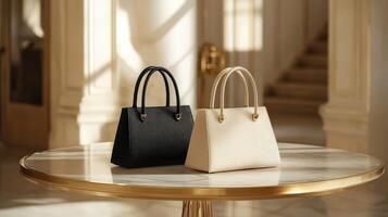 Two black and white handbags sitting on a table photo