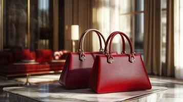 Two red handbags sitting on a table in front of a window photo
