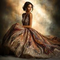 A woman in a dress with a colorful pattern photo