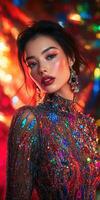 A woman in a sequin dress with colorful lights photo