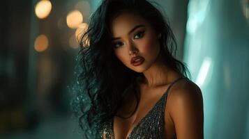 Elegant model showcasing shimmering fashion in dim lighting photo