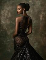 Elegant woman modeling a stunning black gown in studio photo