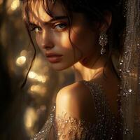 Elegant portrait of a woman in soft lighting and shimmer photo