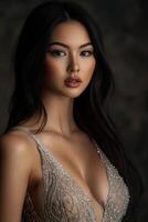 Model posing in an elegant outfit with elaborate details photo