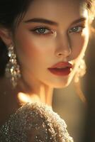 Elegant portrait of a woman with striking features and makeup photo