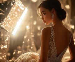Elegant model poses in sparkling dress with dramatic lighting photo