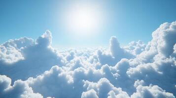 Bright sun shining over fluffy clouds in blue sky photo