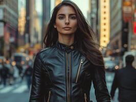 Confident woman walking in busy urban setting during daylight photo