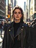 Stylish woman poses in urban street during daylight photo