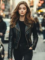Model walking confidently in a bustling city street photo