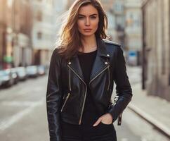 Confident woman walking in urban setting on a sunny day photo